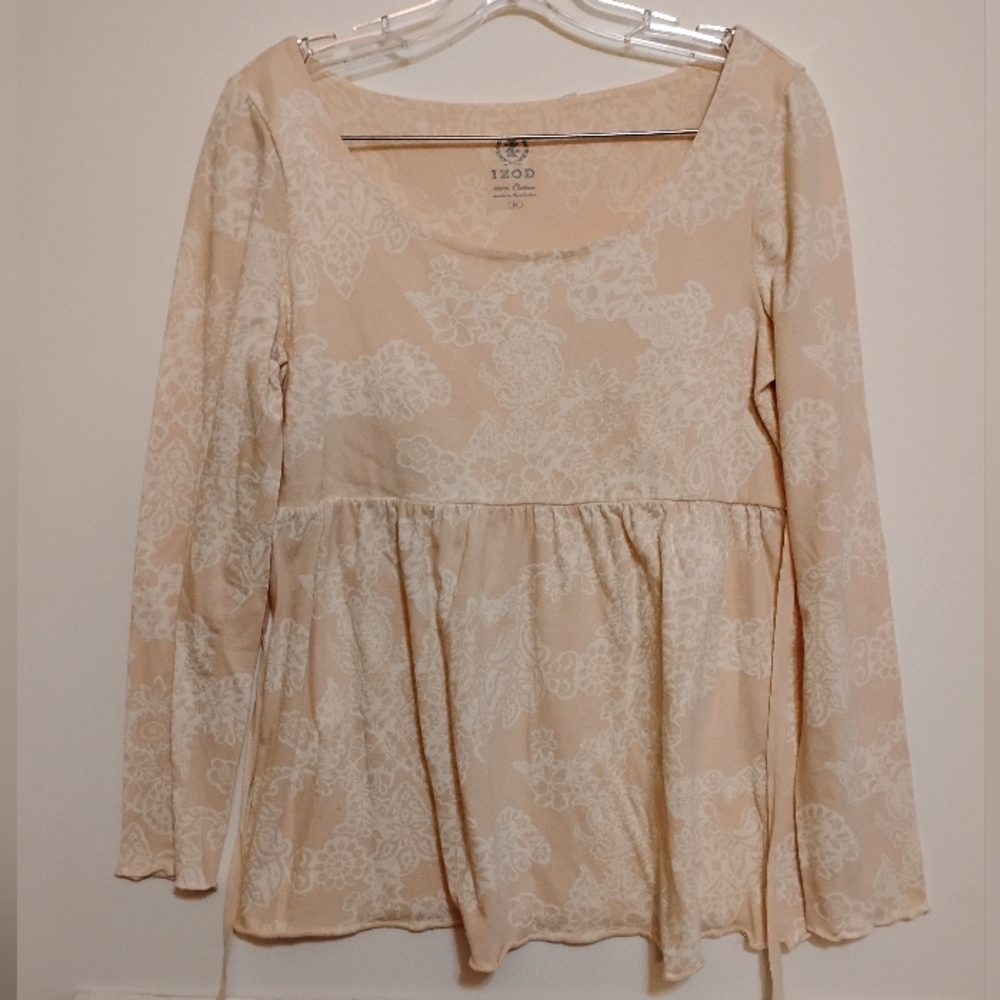 IZOD Women's Cream White Floral Prints Long Sleeve Ribbon On Waist To Tie Top